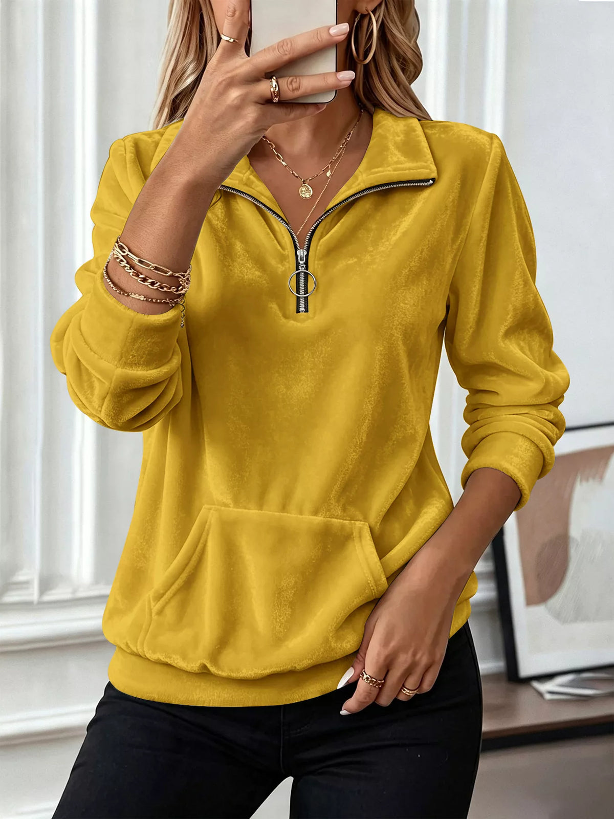 Collared long sleeve sweatshirt, front view on model
