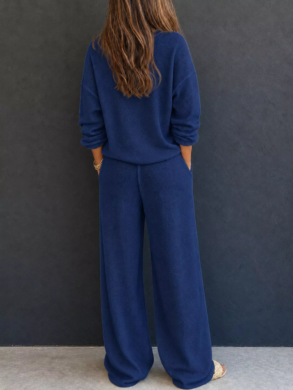 Navy Blue waffle knit button detail top and pants set, back view