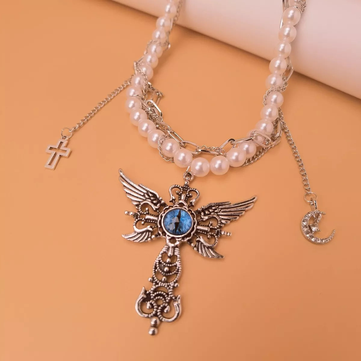 Trendsi Gothic Pearl Double Layered Necklace with Wing Pendant -