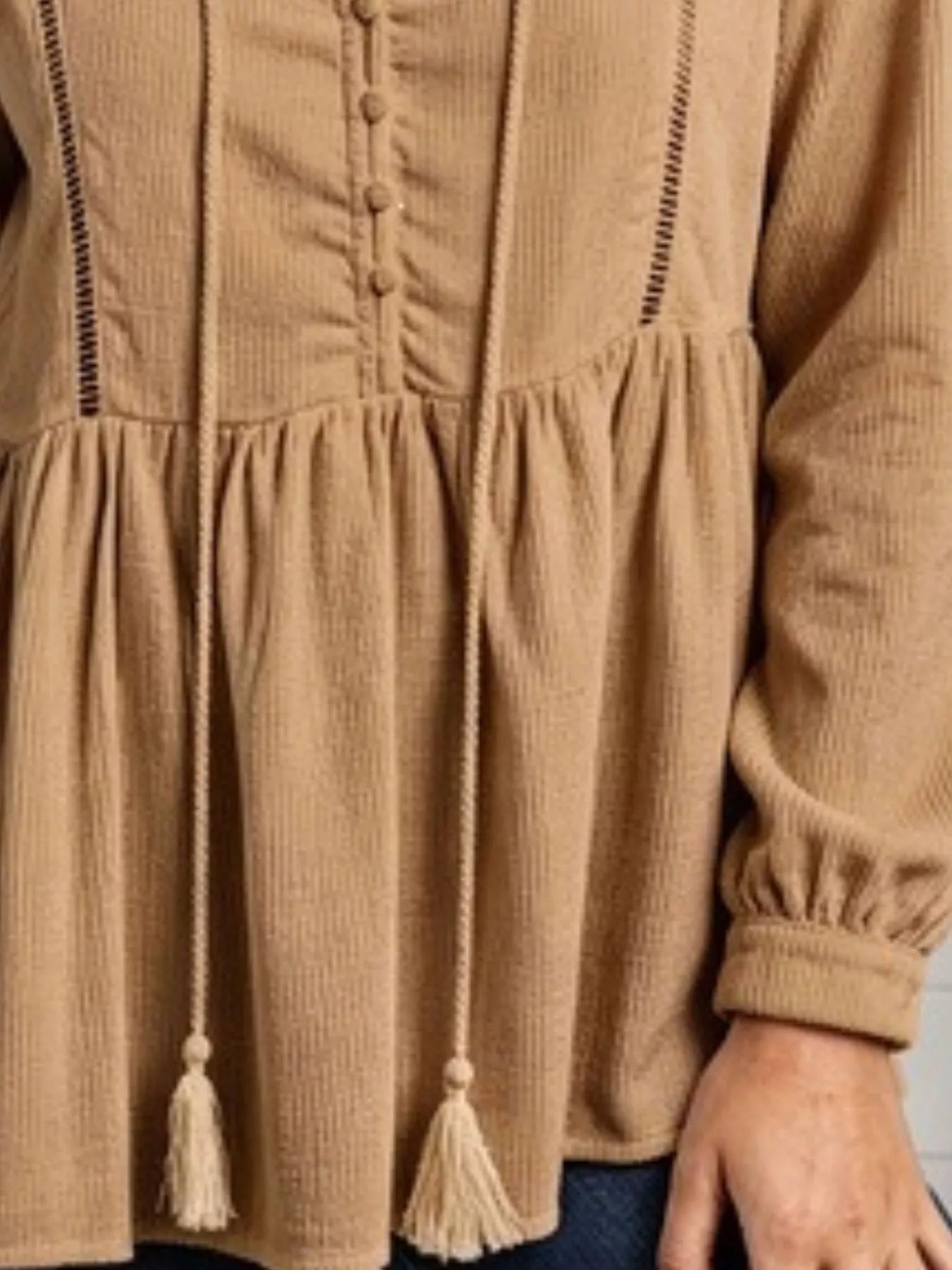 Trendsi Tassel Drawstring Long Sleeve Peplum Top -