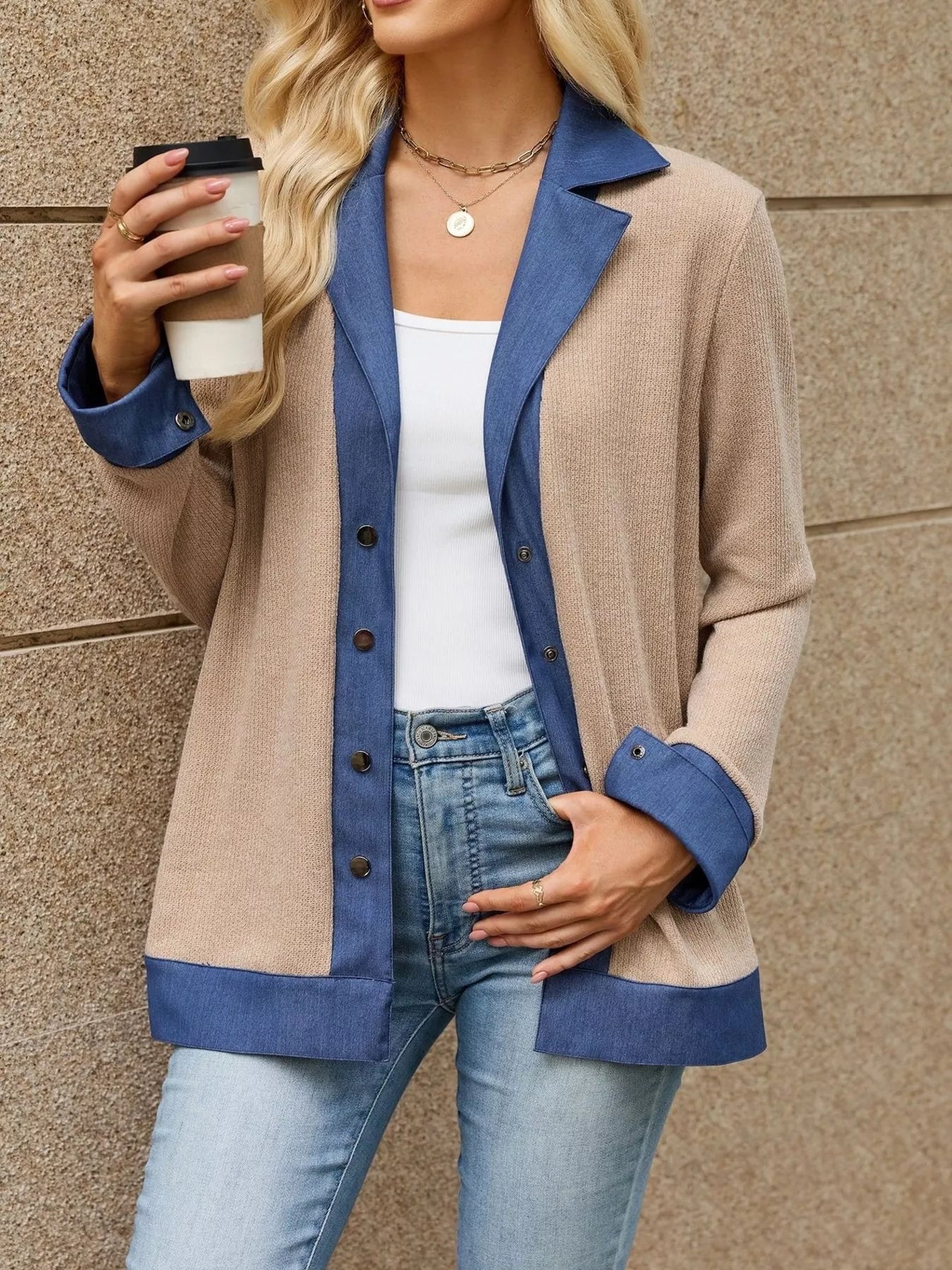 Trendsi Contrast Denim Lapel Collar Outerwear -