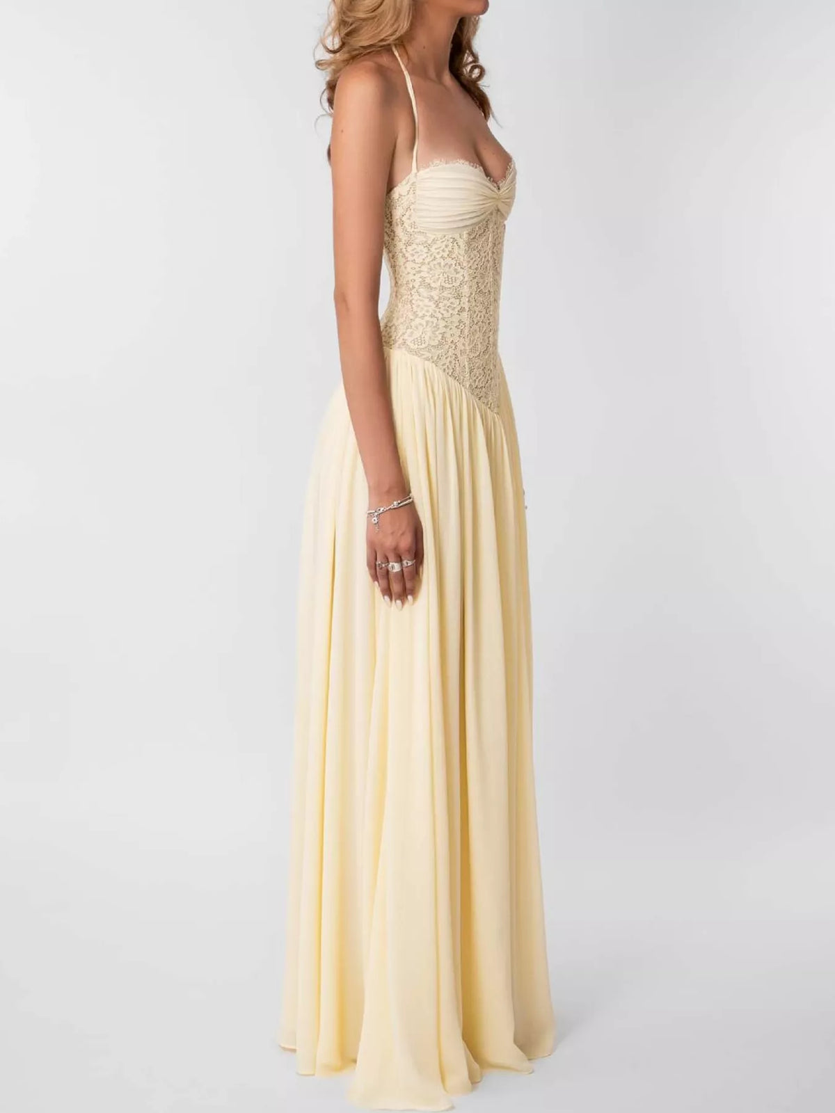 Yellow lace corset halter neck maxi dress — side view