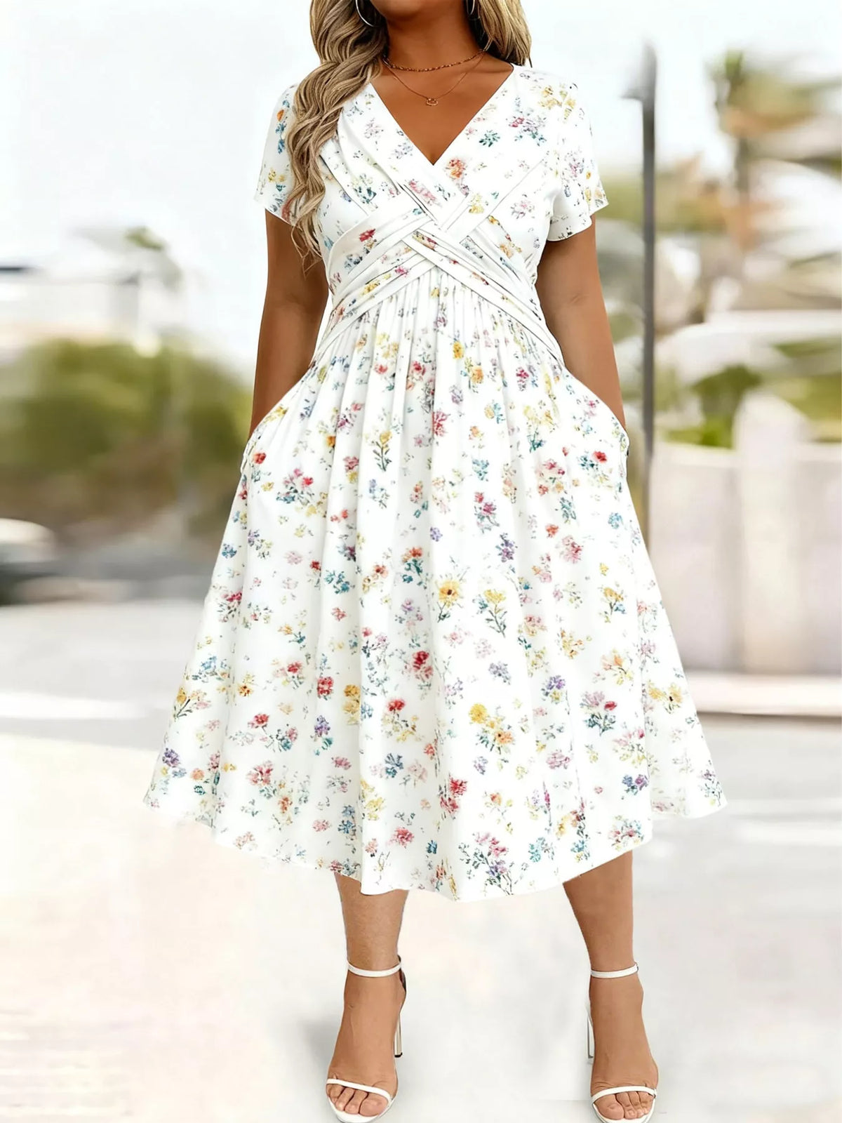 White floral short sleeve midi dress with pockets, flared skirt