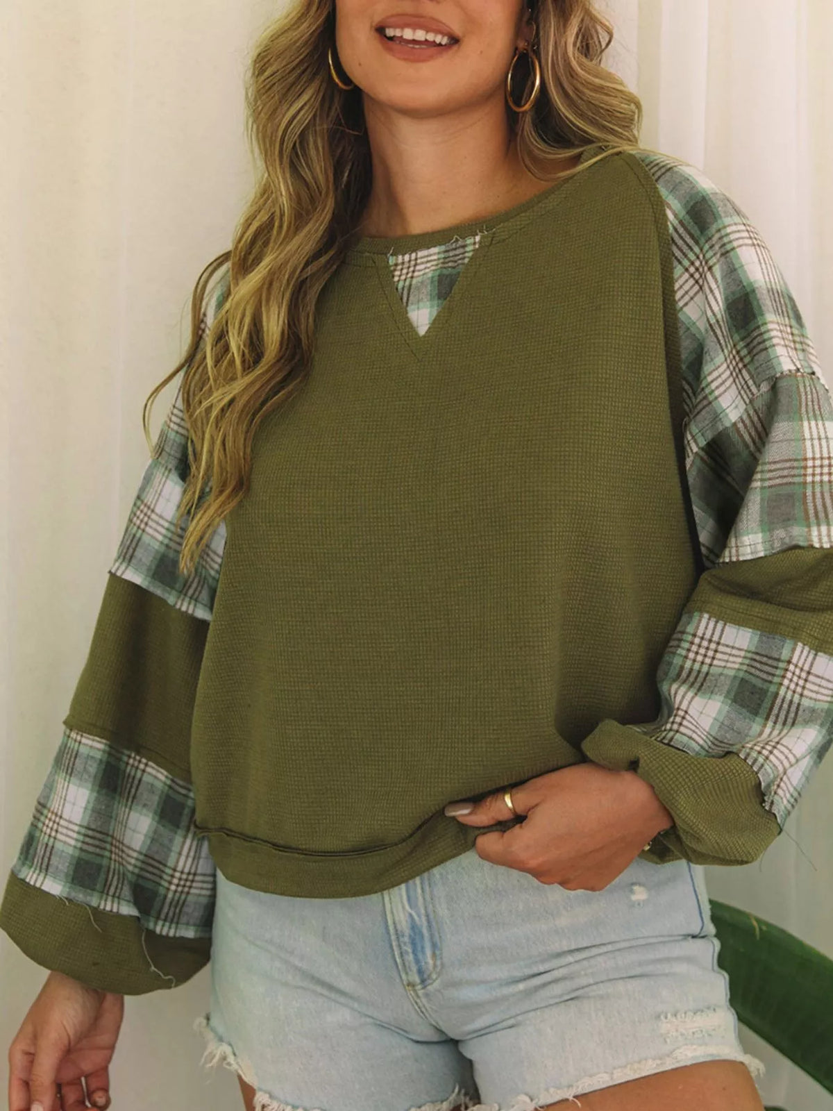 Plaid-patch top, olive plaid top front