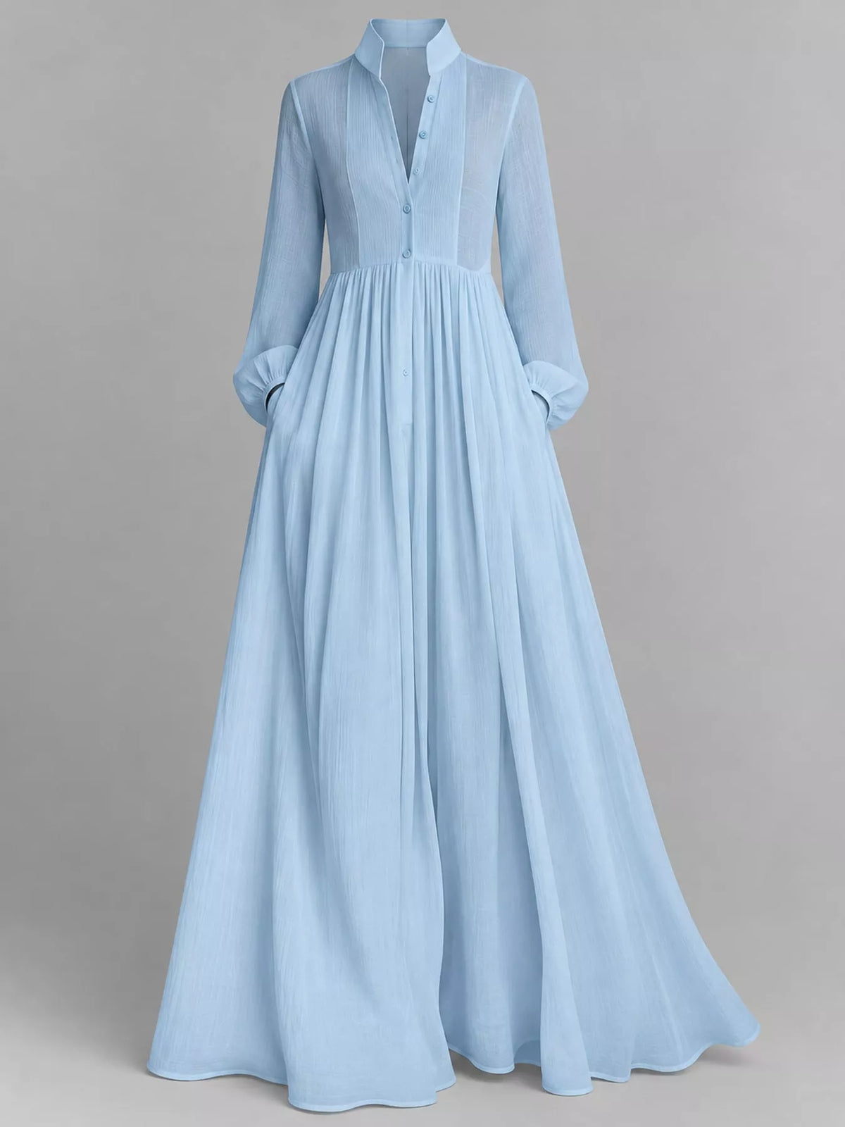 Light blue long sleeve button-front maxi dress, product view