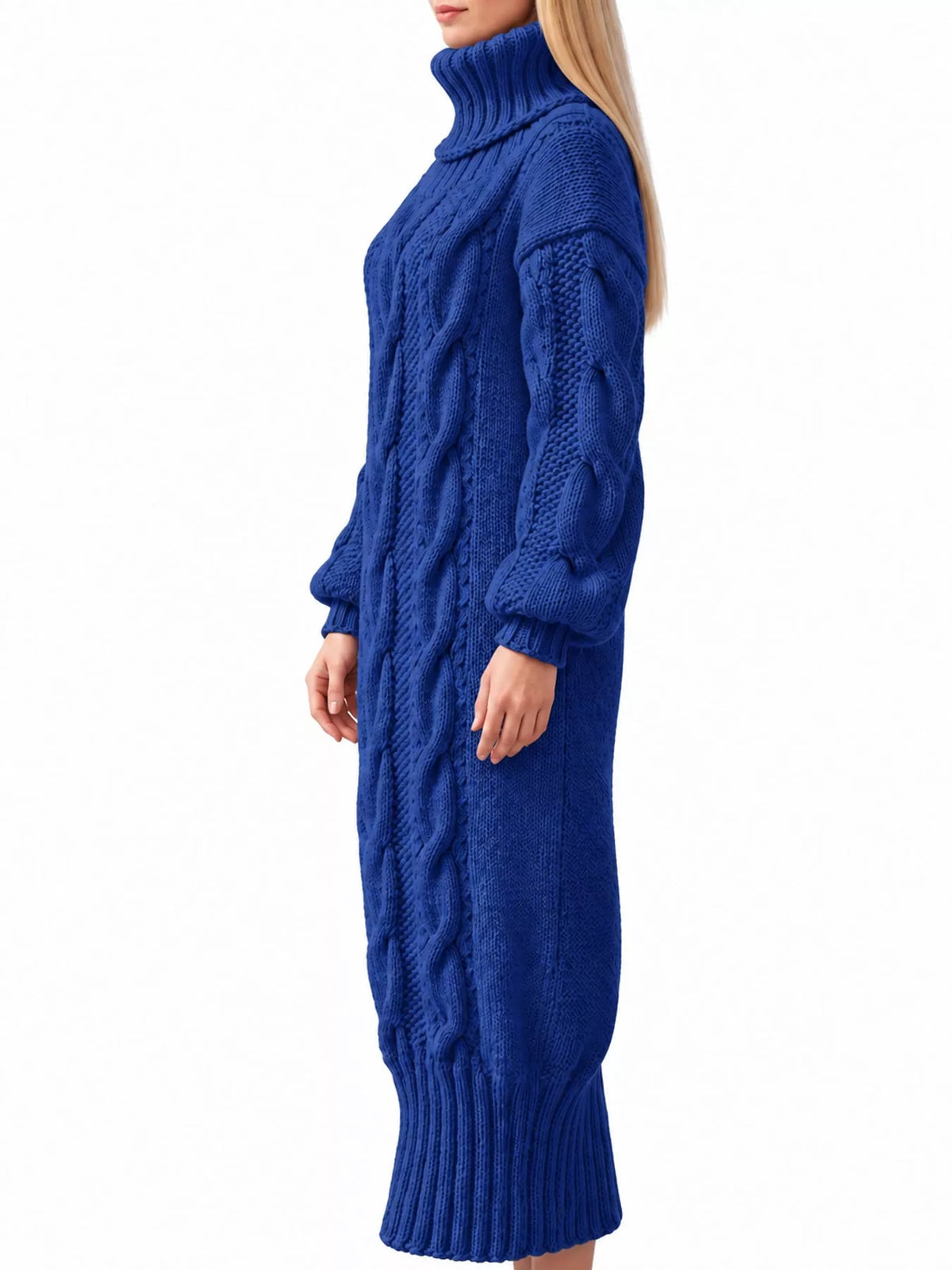 Royal Blue oversized cable knit turtleneck sweater dress