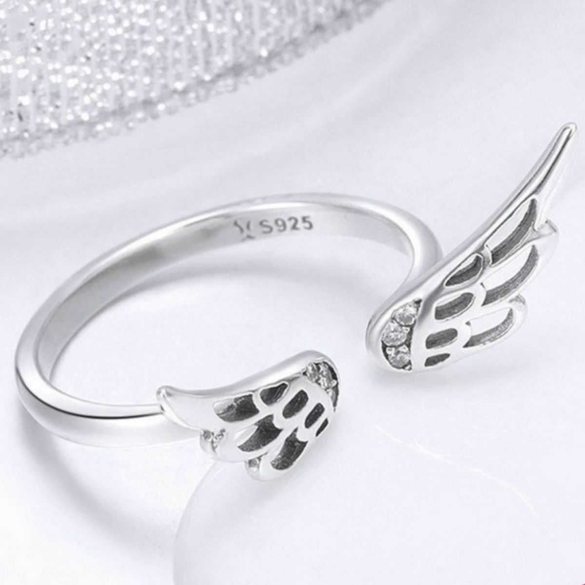 Trendsi 925 Sterling Silver Zircon Angel Wing Open Ring -