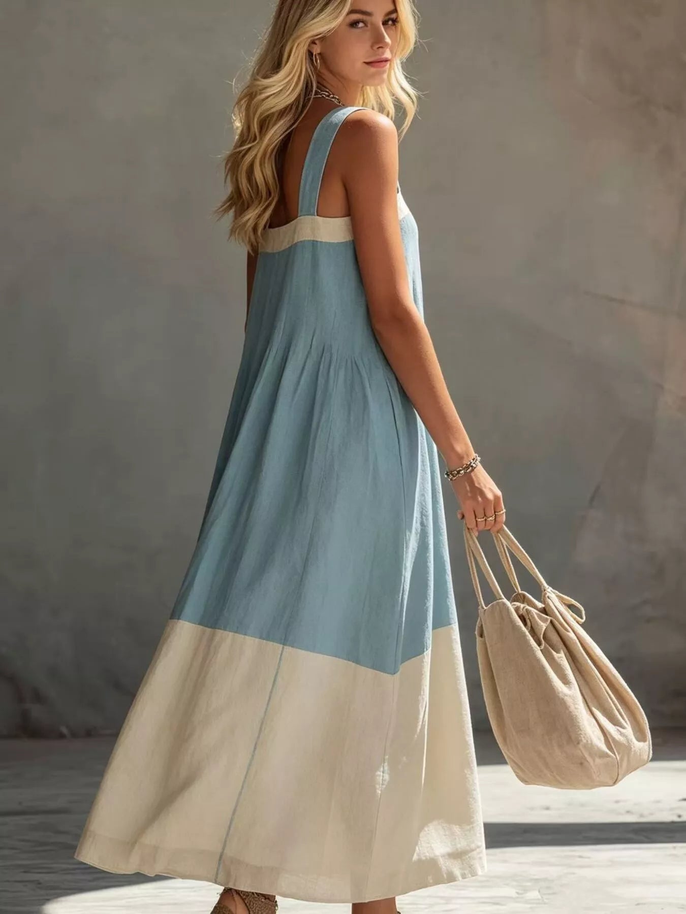 Trendsi Color-Block Sleeveless Linen-Blend Midi Dress -