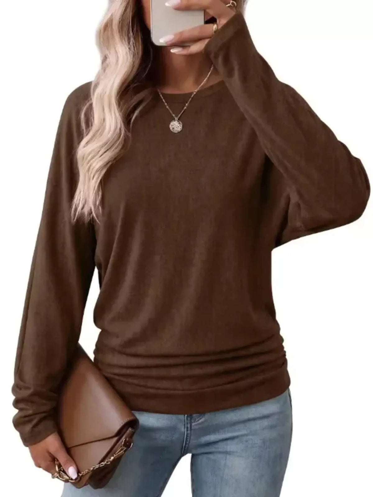 Brown crew neck t-shirt with ruched hem