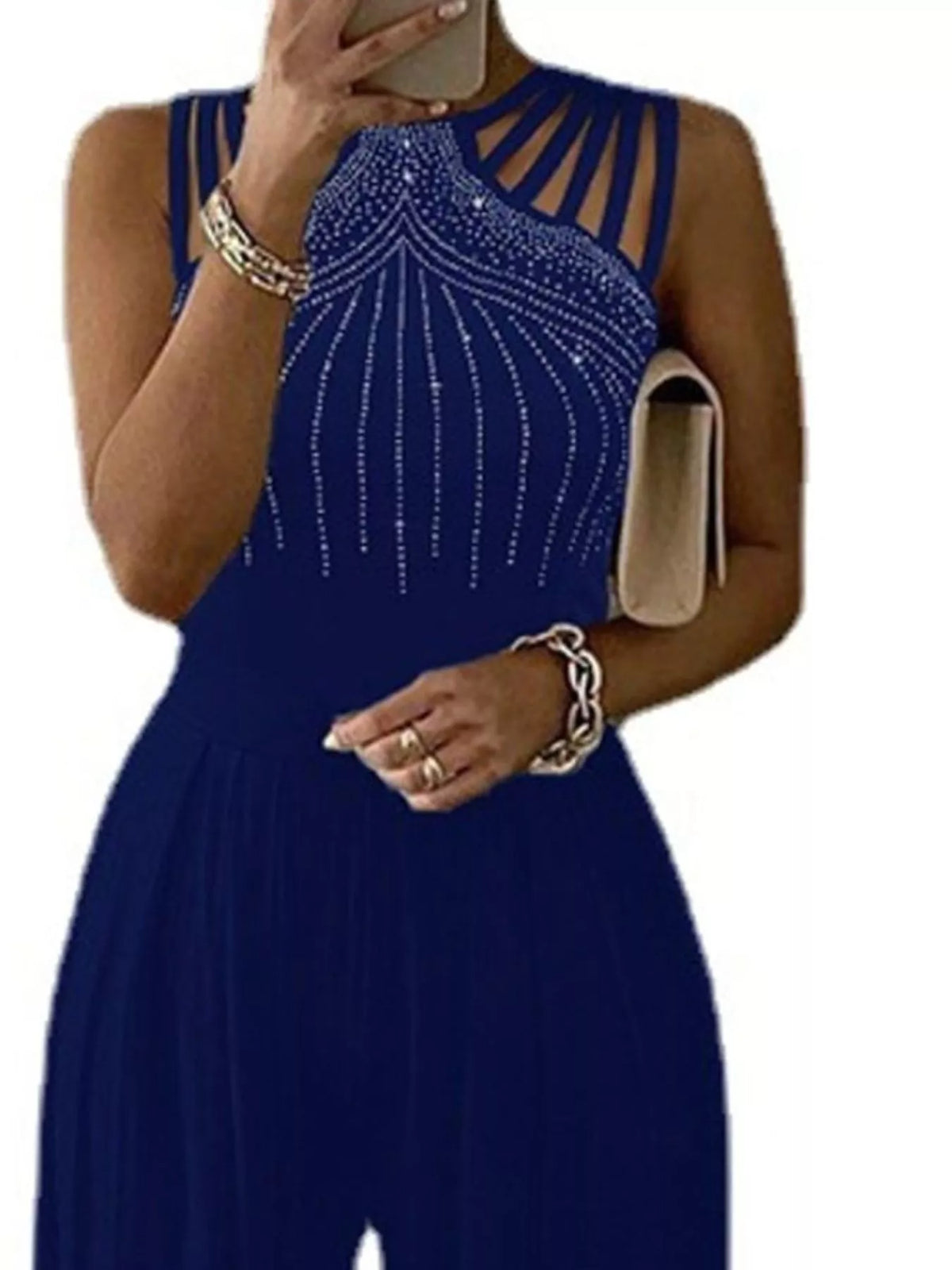 Wide-leg sleeveless jumpsuit, garment detail