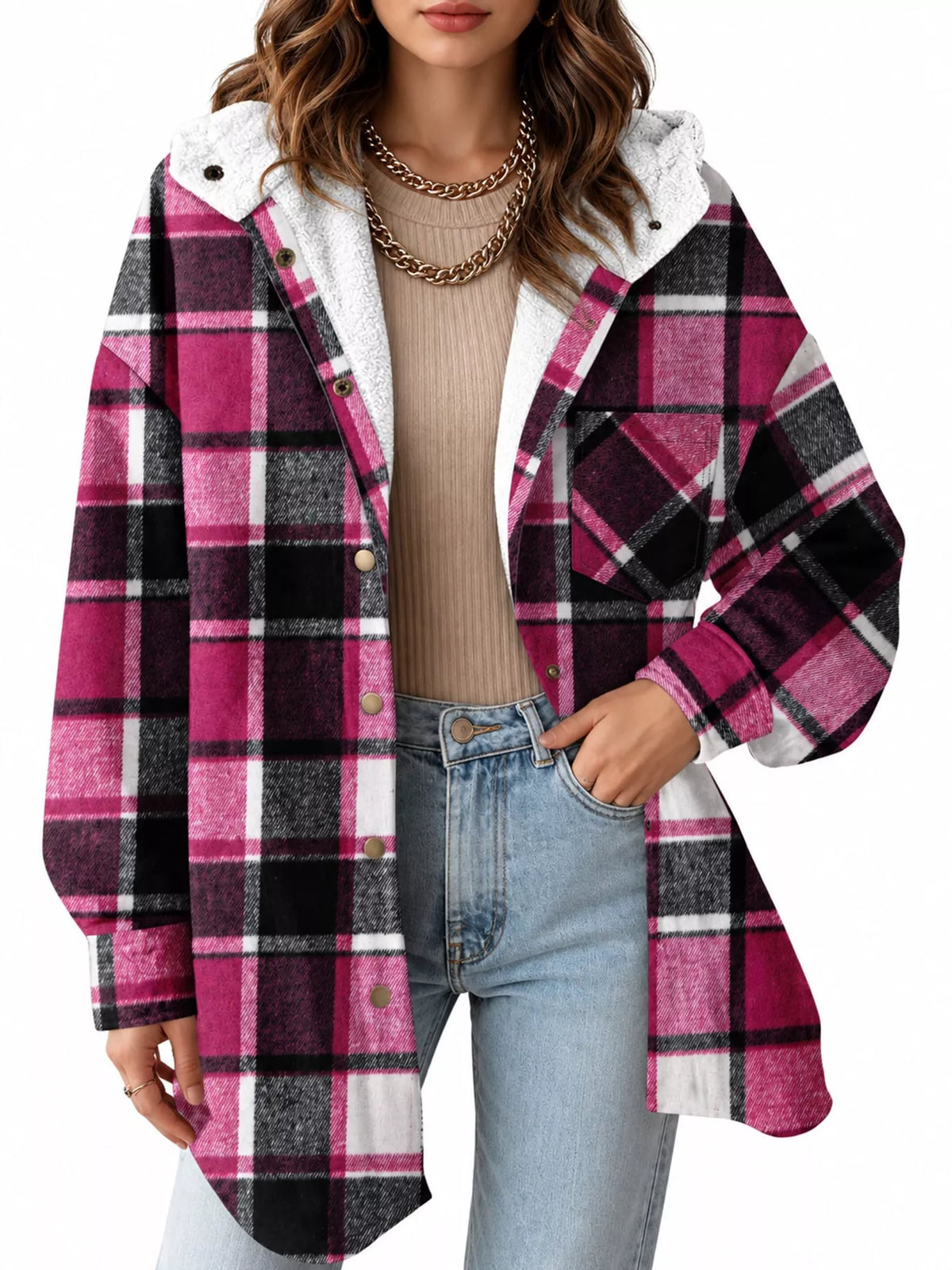 Pink plaid hooded button up jacket