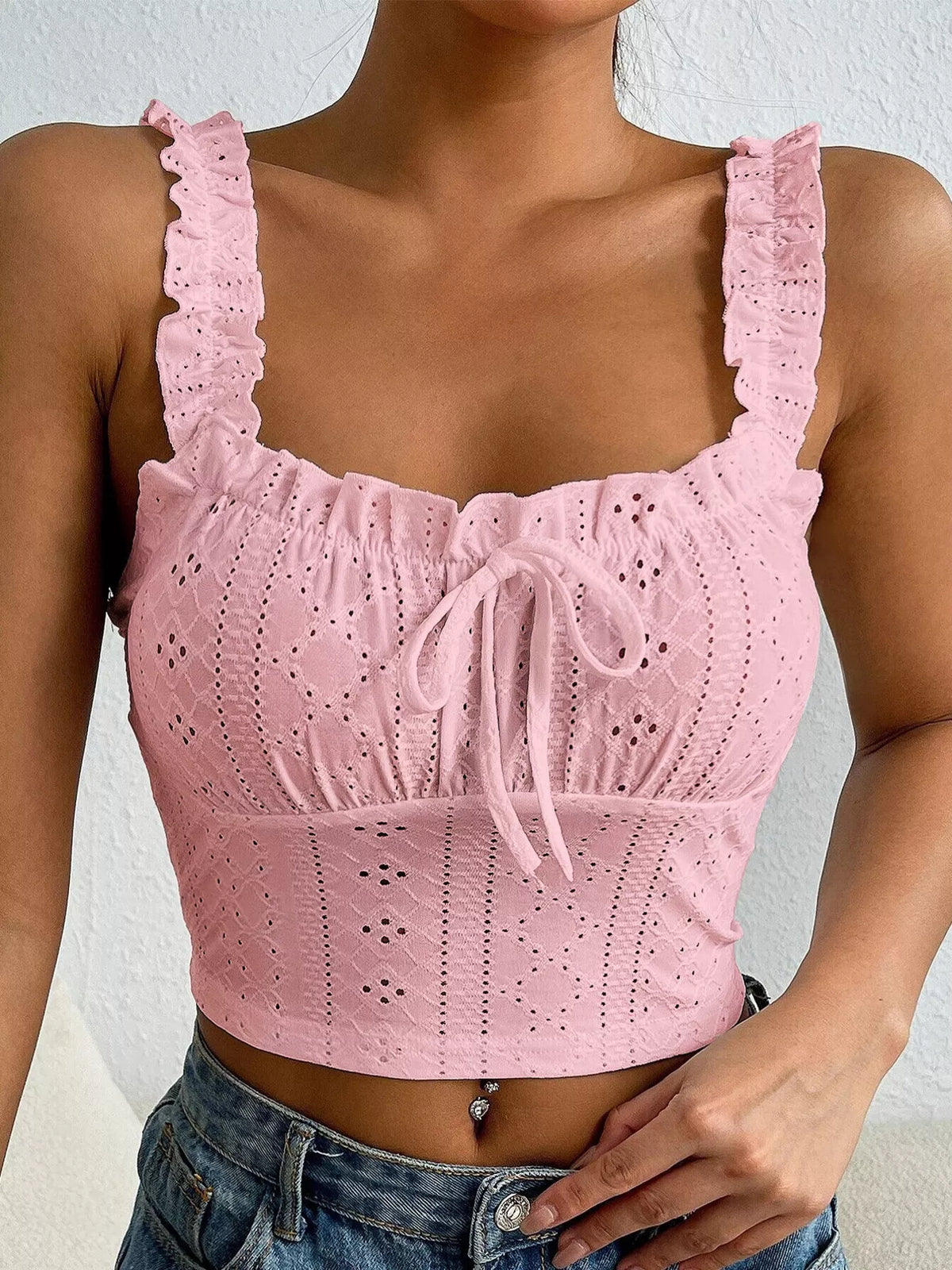 Eyelet tie-front tank, pink tie front