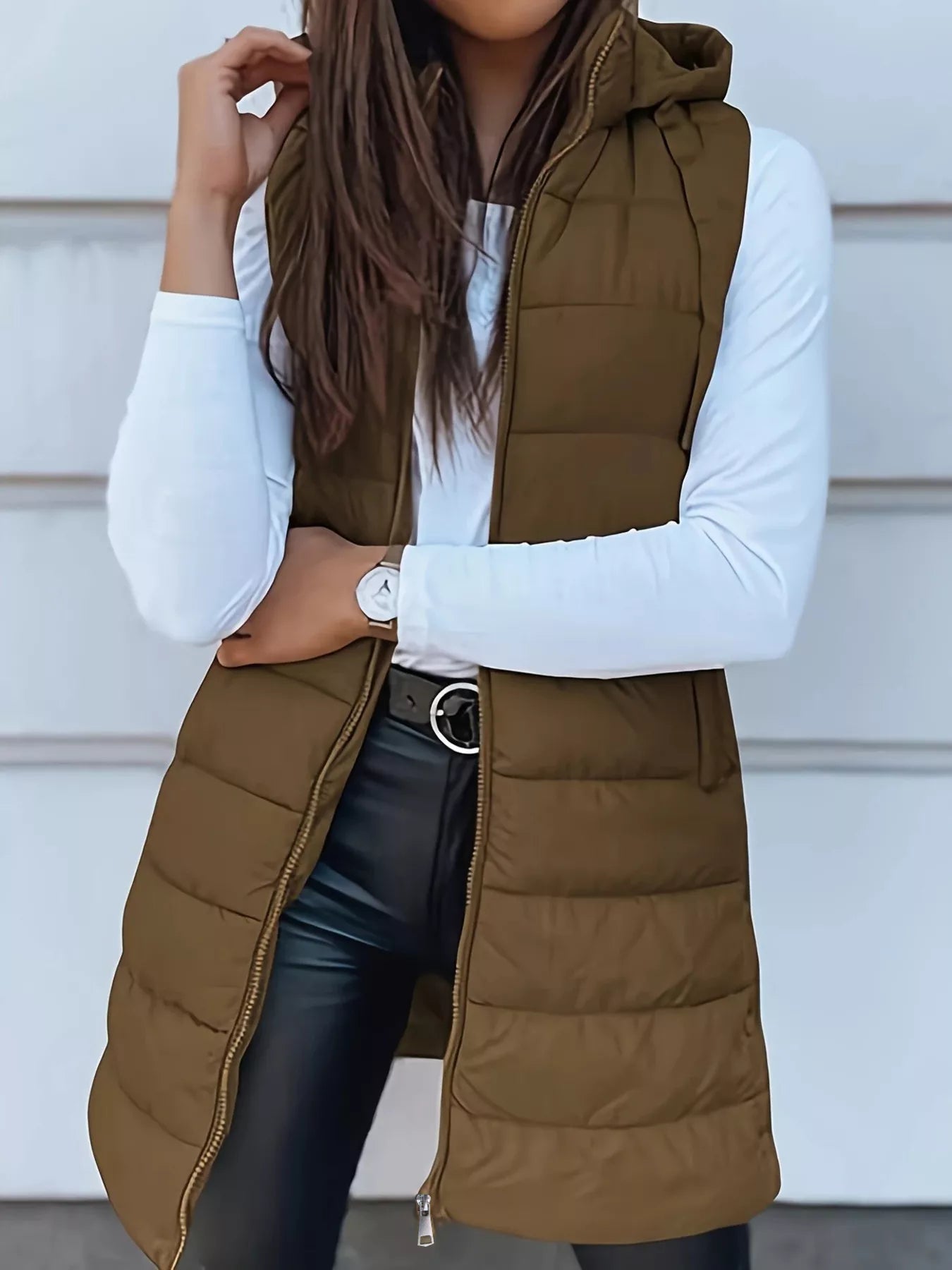 Trendsi Zip Up Longline Hooded Puffer Vest Coat -
