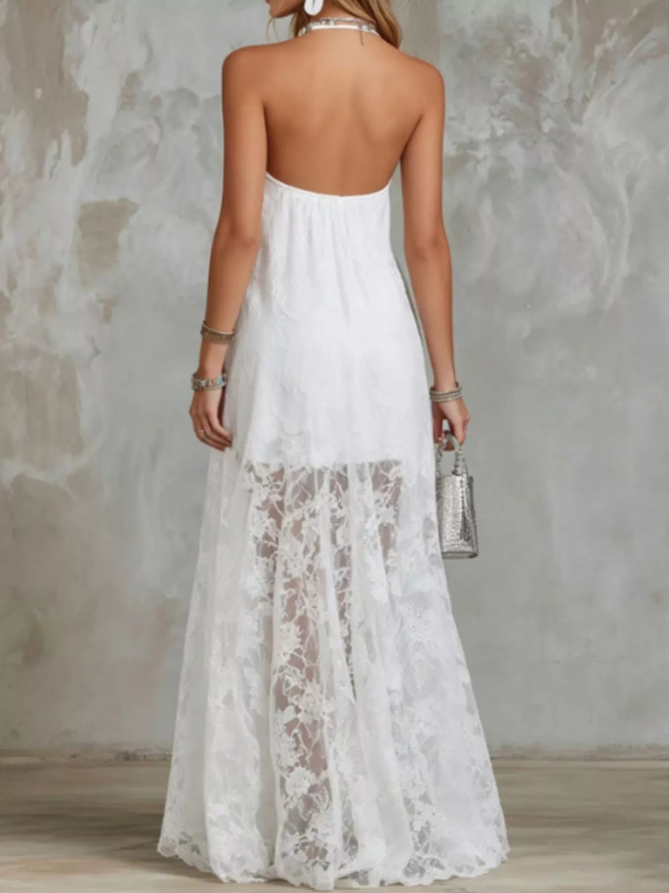 Halter-neck lace-hem maxi dress