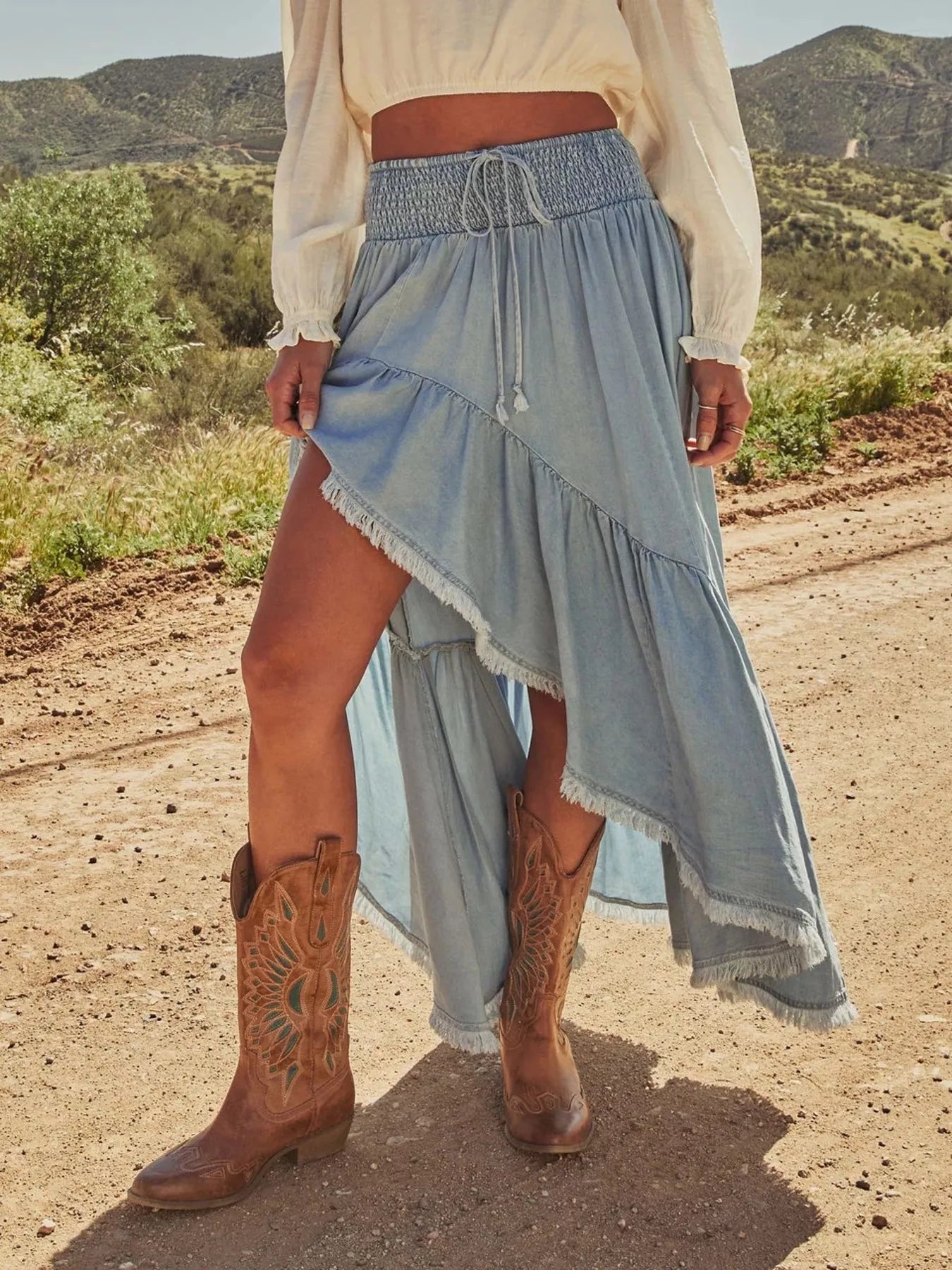 Trendsi High-Low Frayed Hem Denim Skirt -