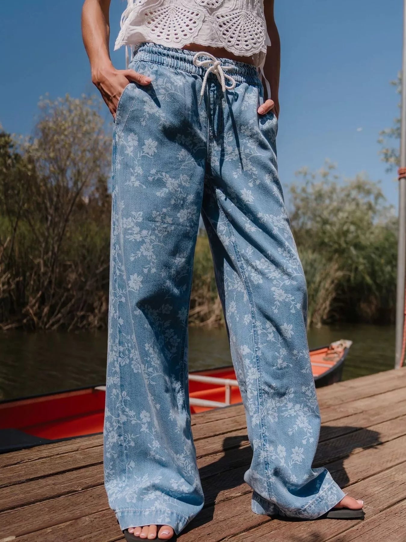Trendsi Drawstring Floral Wide-Leg Jeans -