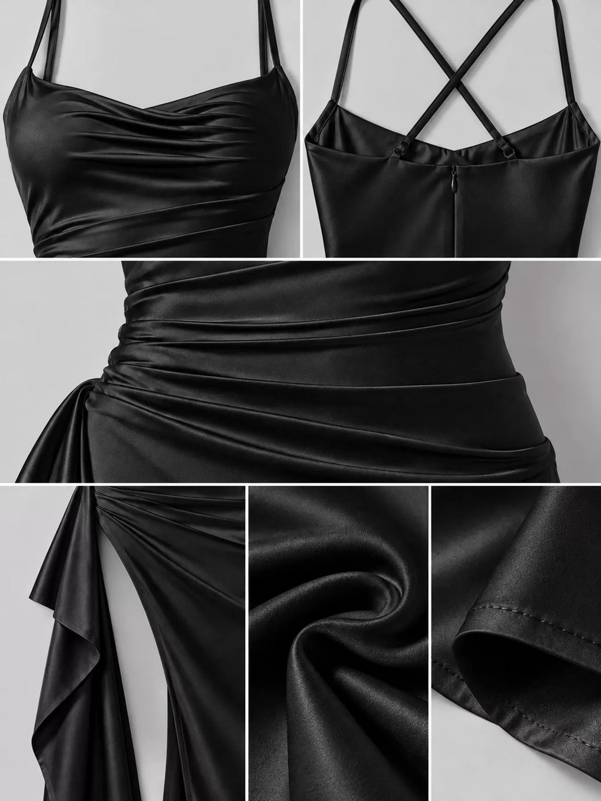 Black satin ruched high slit maxi dress, detail view