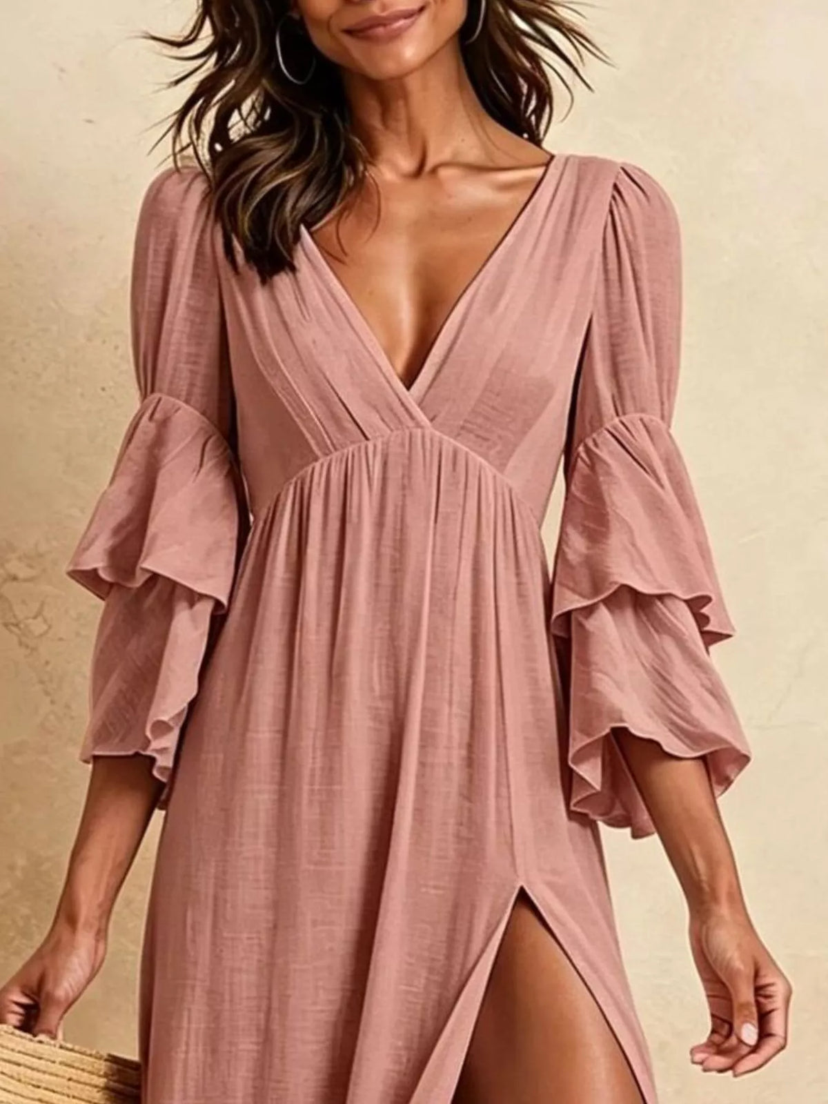 Tiered ruffle sleeves high slit v-neck maxi dress