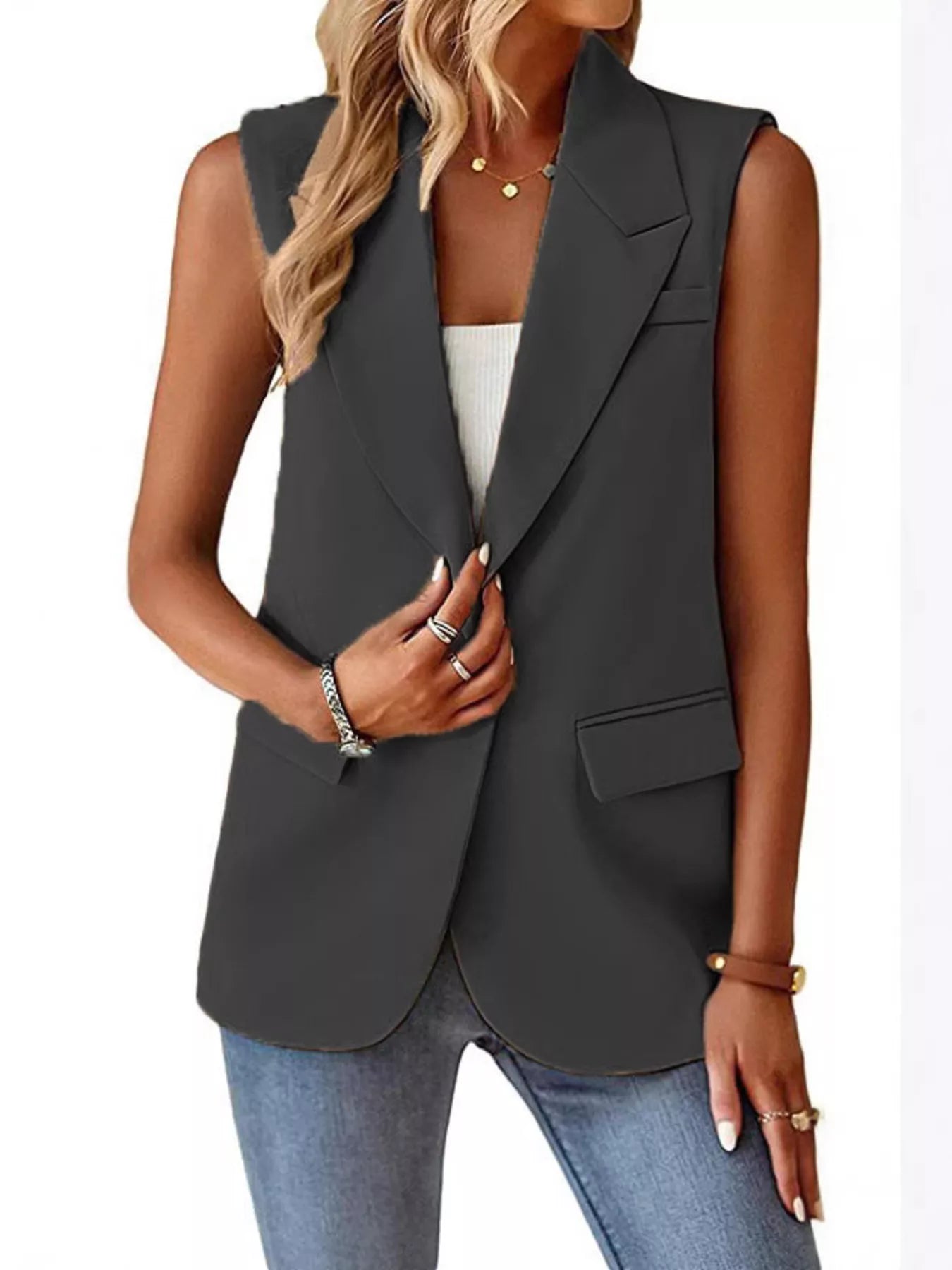 Trendsi Full Size One Button Lapel Collar Vest Coat Plus Size -