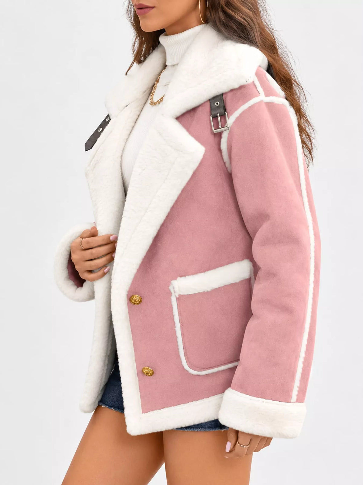 Pink plush-lined button-front jacket — side view