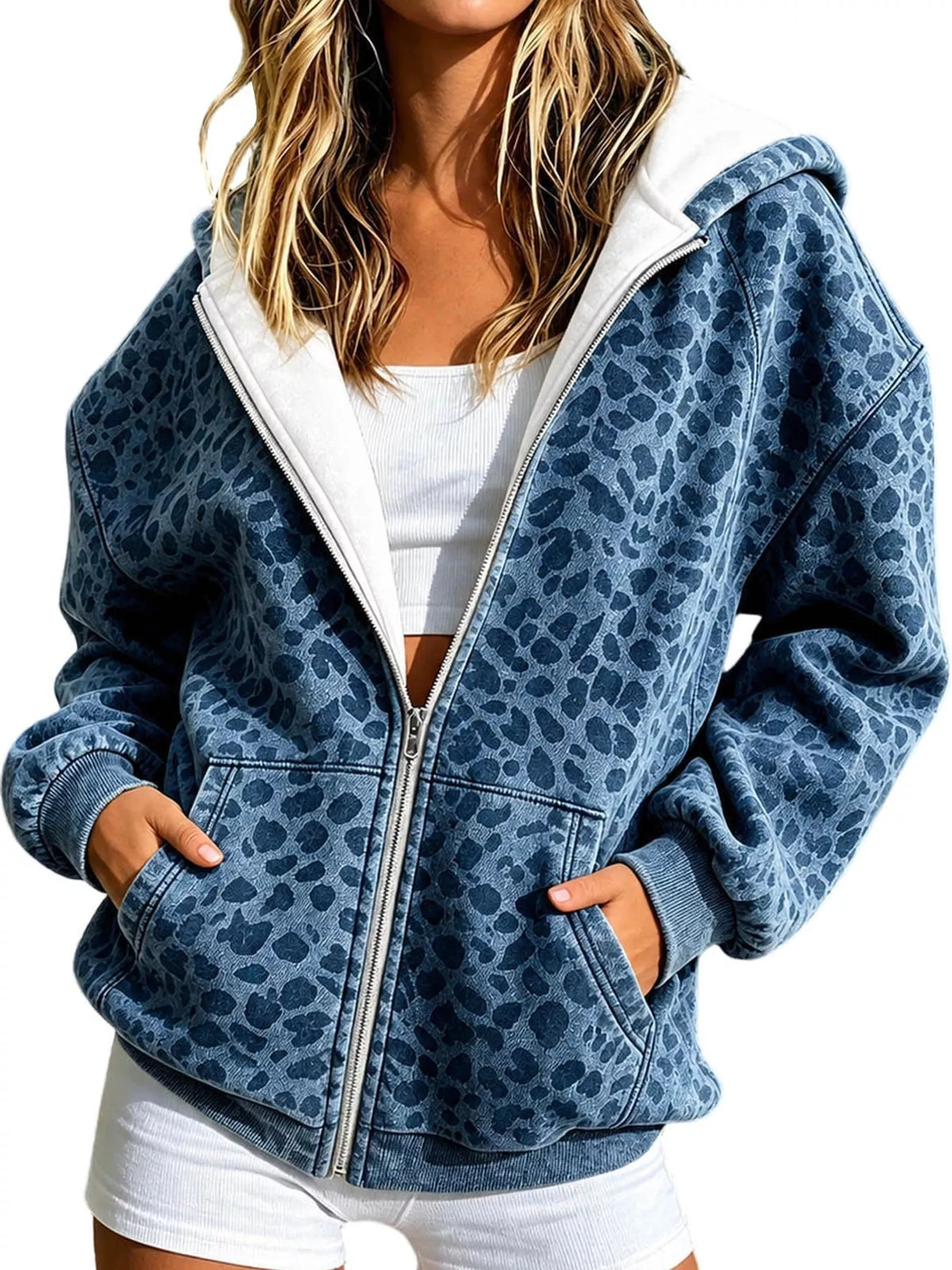 Women's Leopard Zip Up Hoodie in blue — front view