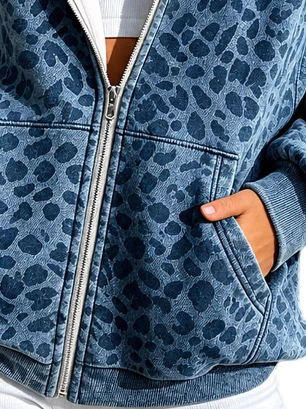 Women's Leopard Zip Up Hoodie in blue — pocket detail view