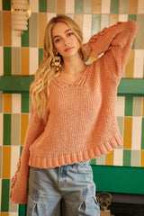 Trendsi BiBi Chunky Knit Sweater with Flower Detail Sleeves -