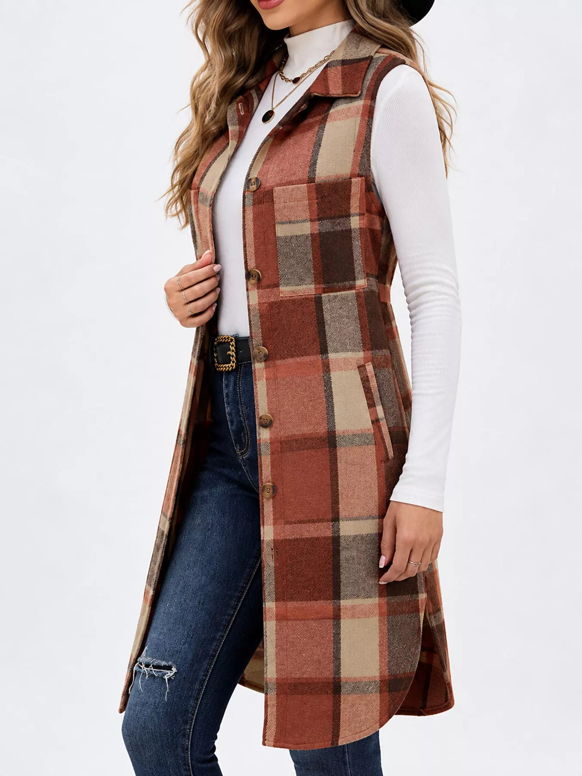 Longline Plaid Button-Down Vest Coat in rust and beige