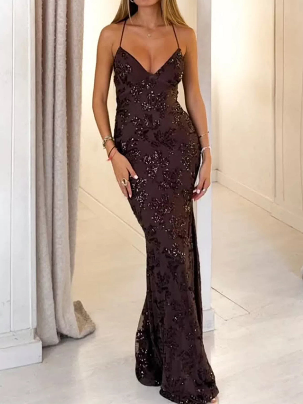 Sequin Mermaid Evening Maxi Dress in coffee brown, front view