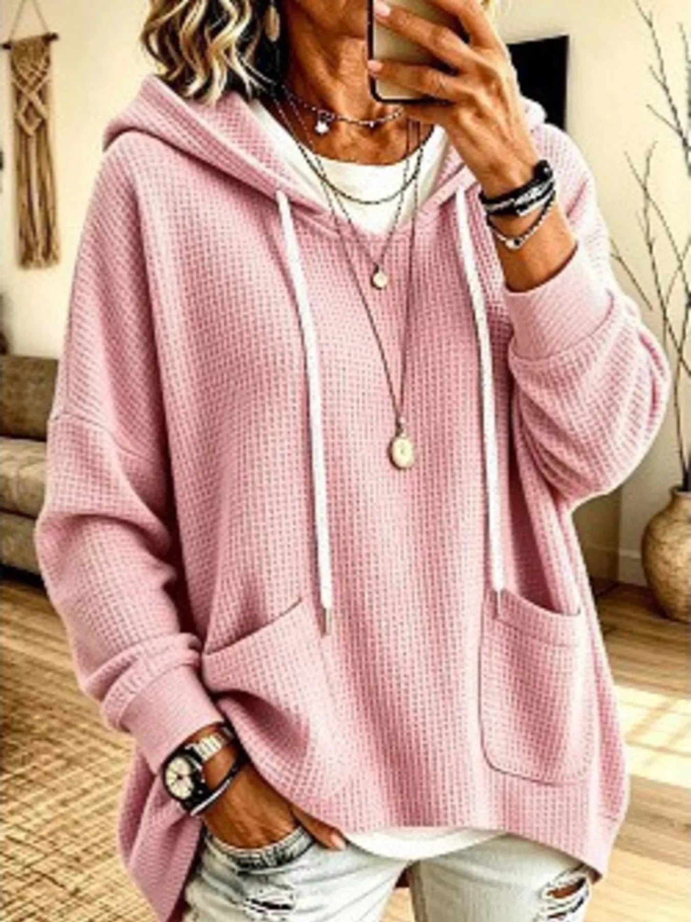 Trendsi Full Size Waffle Knit Hoodie with Pockets Plus Size -