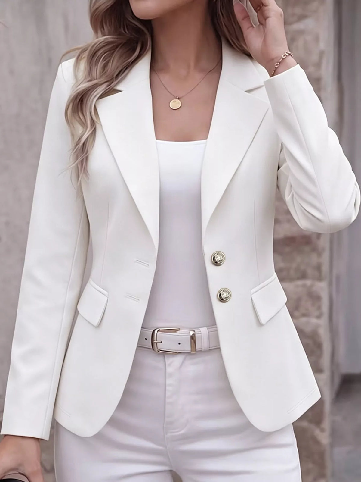 Collared long sleeve blazer, front view on model