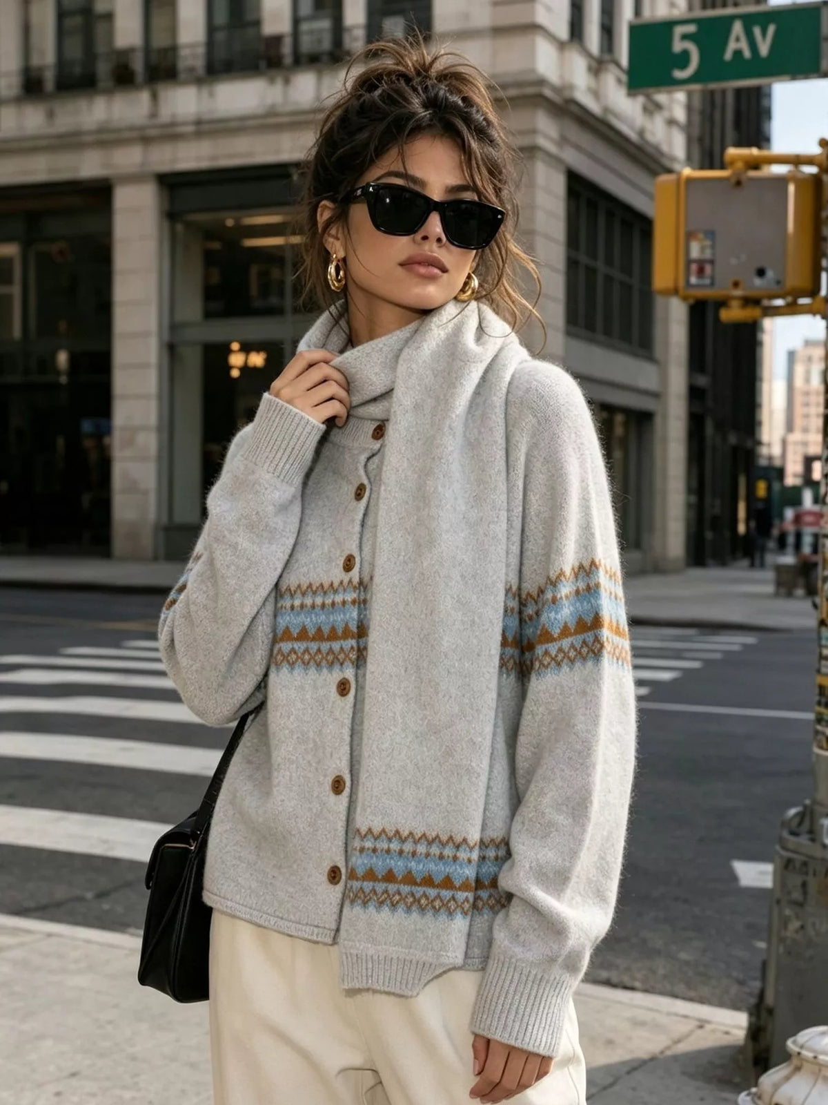 Light gray geometric button-front knit cardigan, front view with matching scarf.