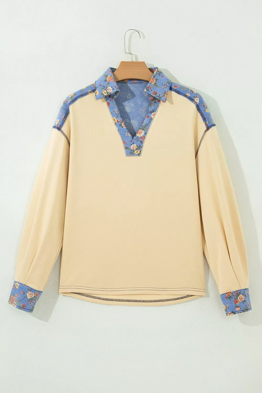 Trendsi Floral Denim Patchwork Collar V Neck Long Sleeve Pullover Top -