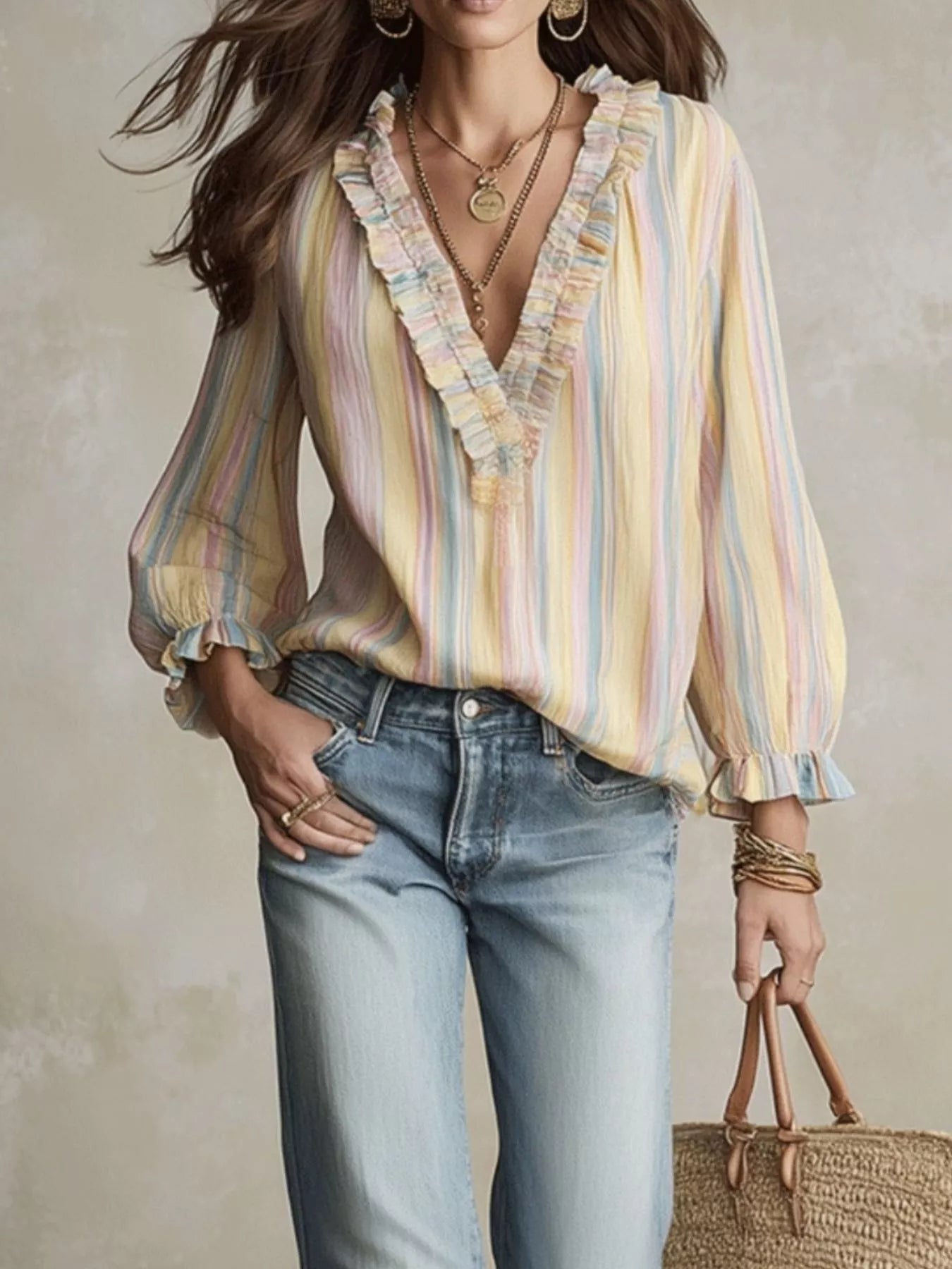 Trendsi Striped V-Neck Long Sleeve Blouse -