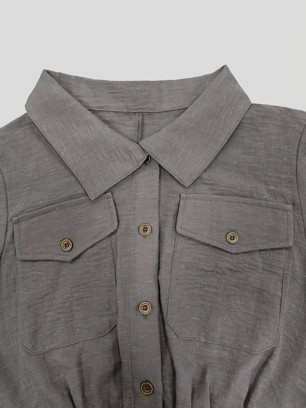 Button Front Long-Sleeve Jumpsuit in gray, collar detail