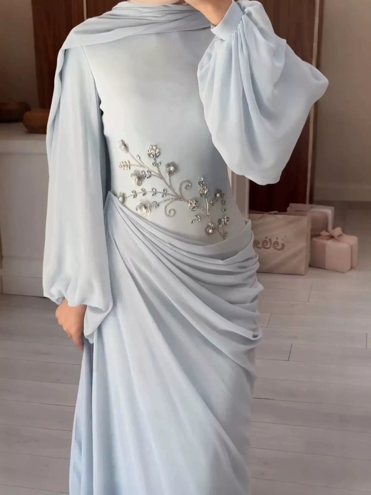 Light blue floral detail long sleeve maxi dress, front view