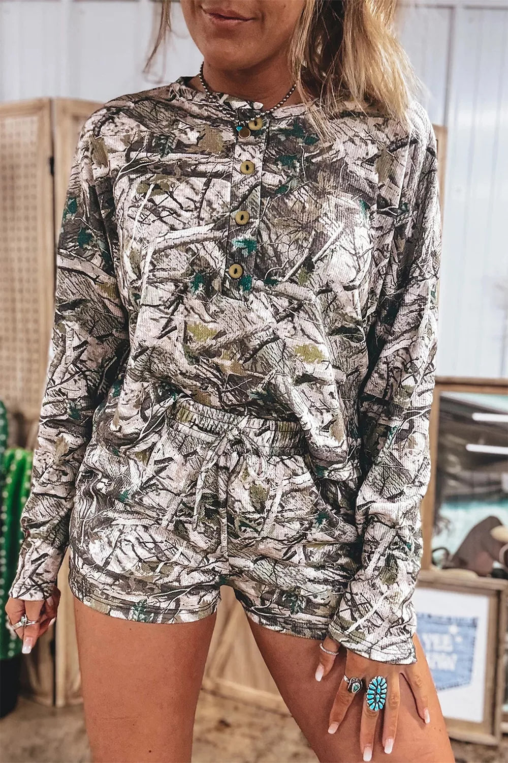 Women's camo long sleeve top and elastic-waist shorts two-piece set