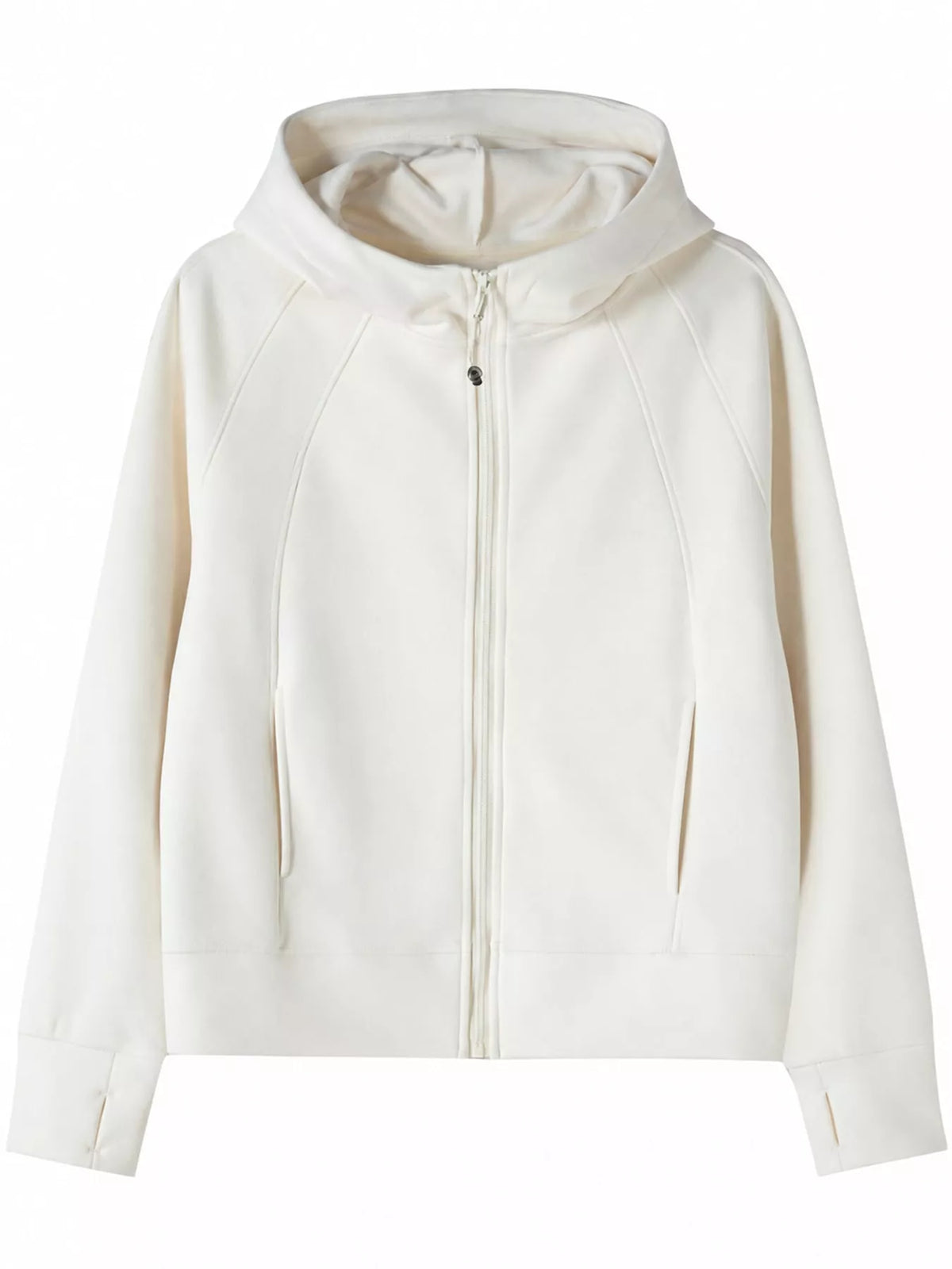 White full-zip long sleeve hoodie with pockets