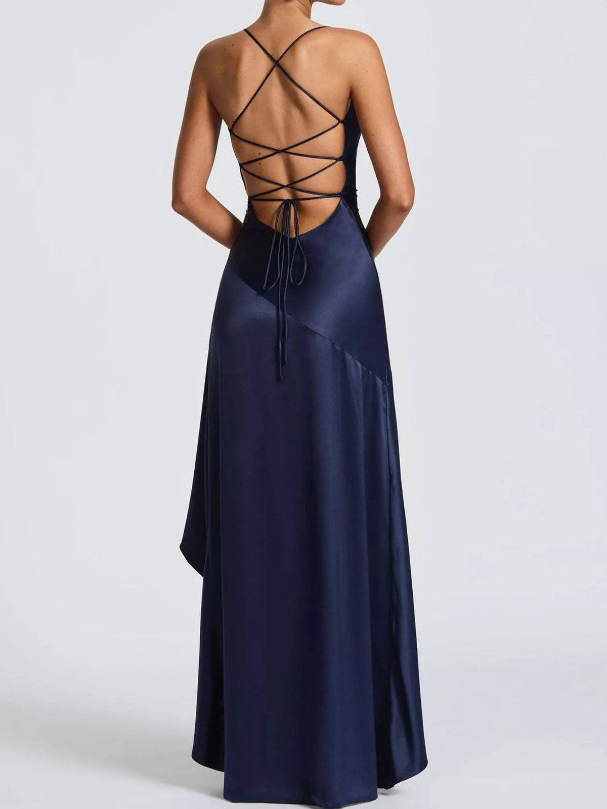 Navy high-low ruffle-hem evening dress, lace-up back view