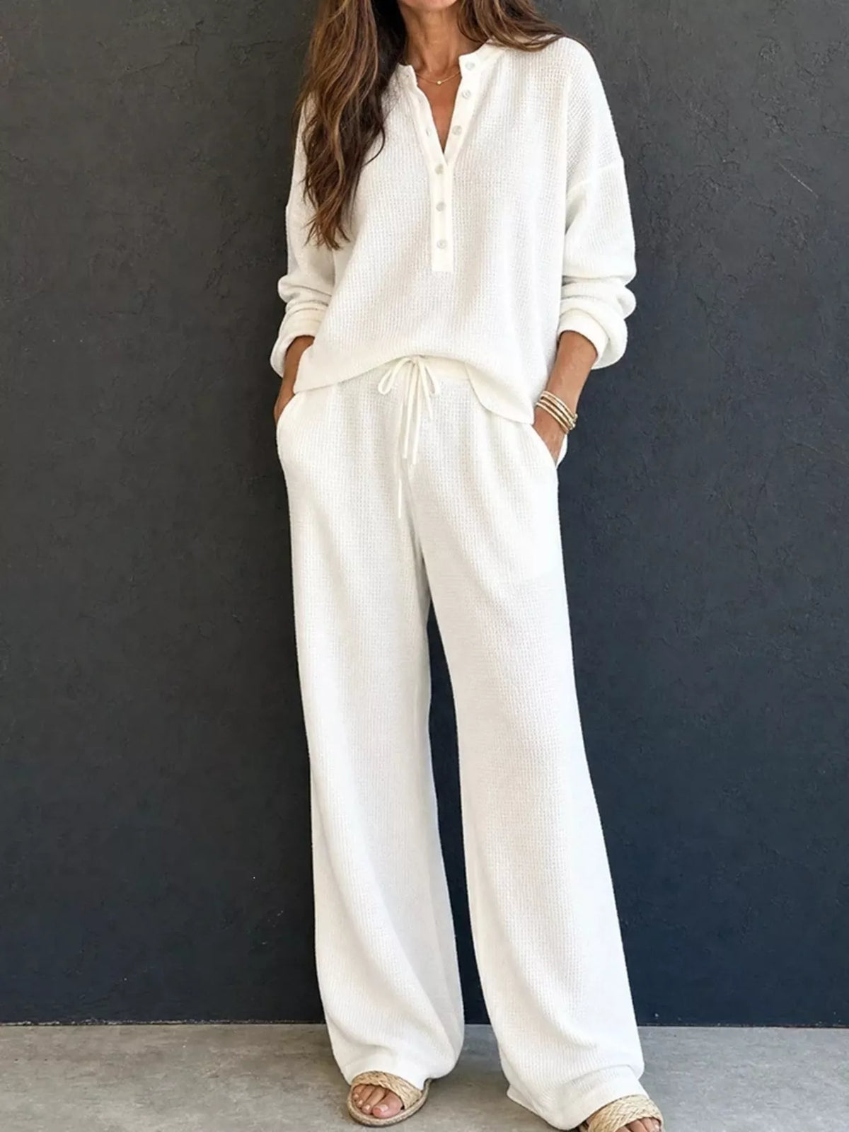 Women's Waffle Knit Button Detail Top and Pants Set in white — front view