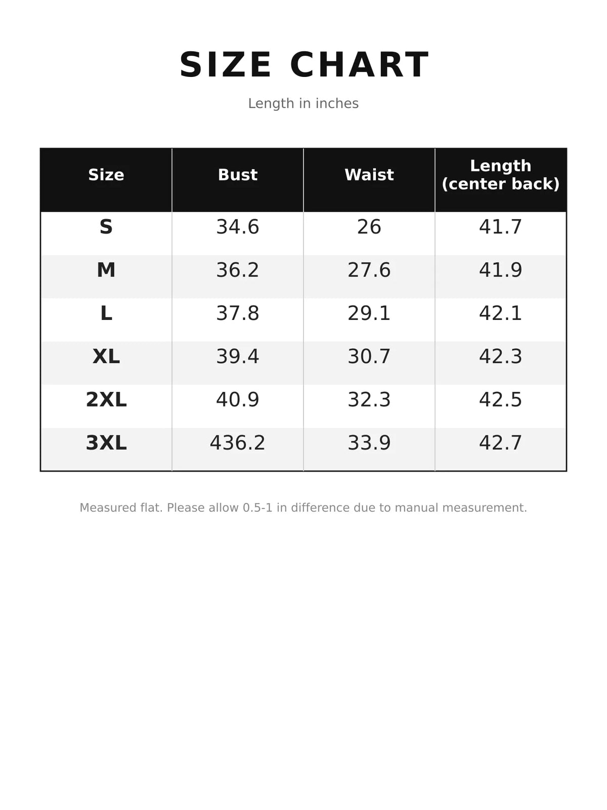Size chart for layered ruffle midi dress