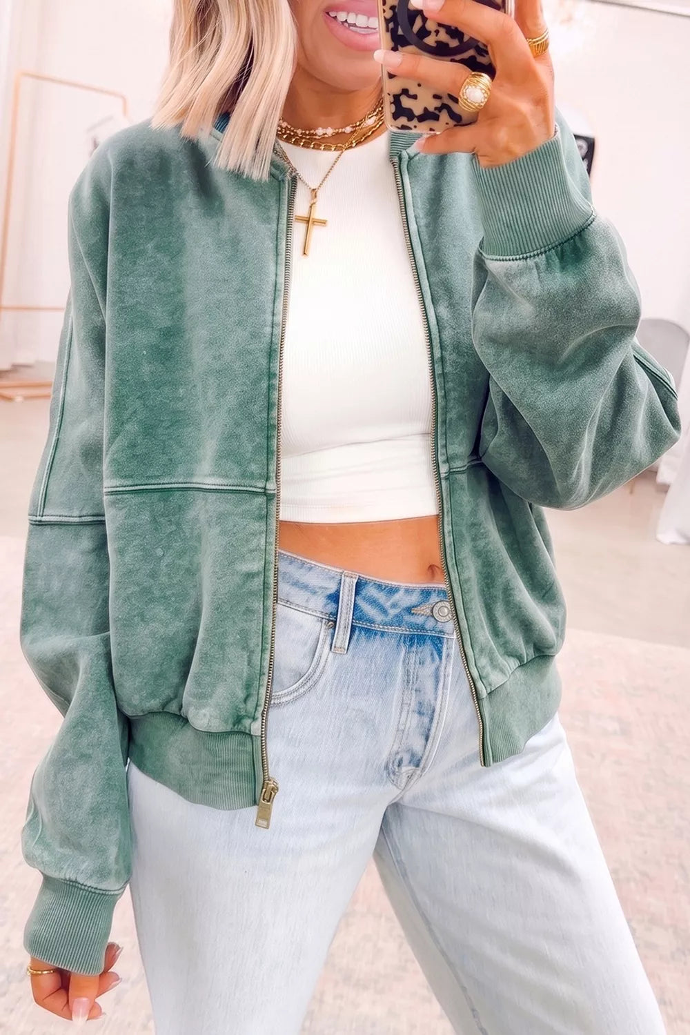 Trendsi Oversized Washed Zip-Up Long Sleeve Sweatshirt -