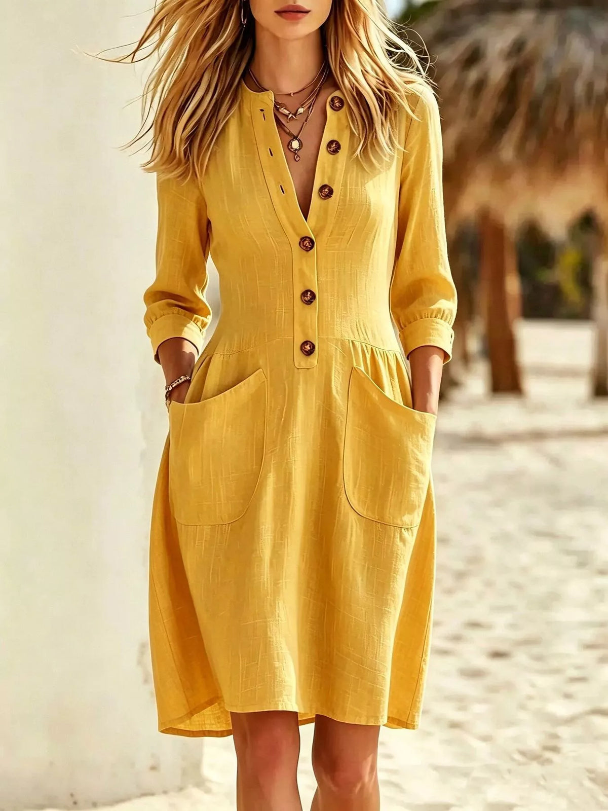 Yellow button-front dress with patch pockets, front view