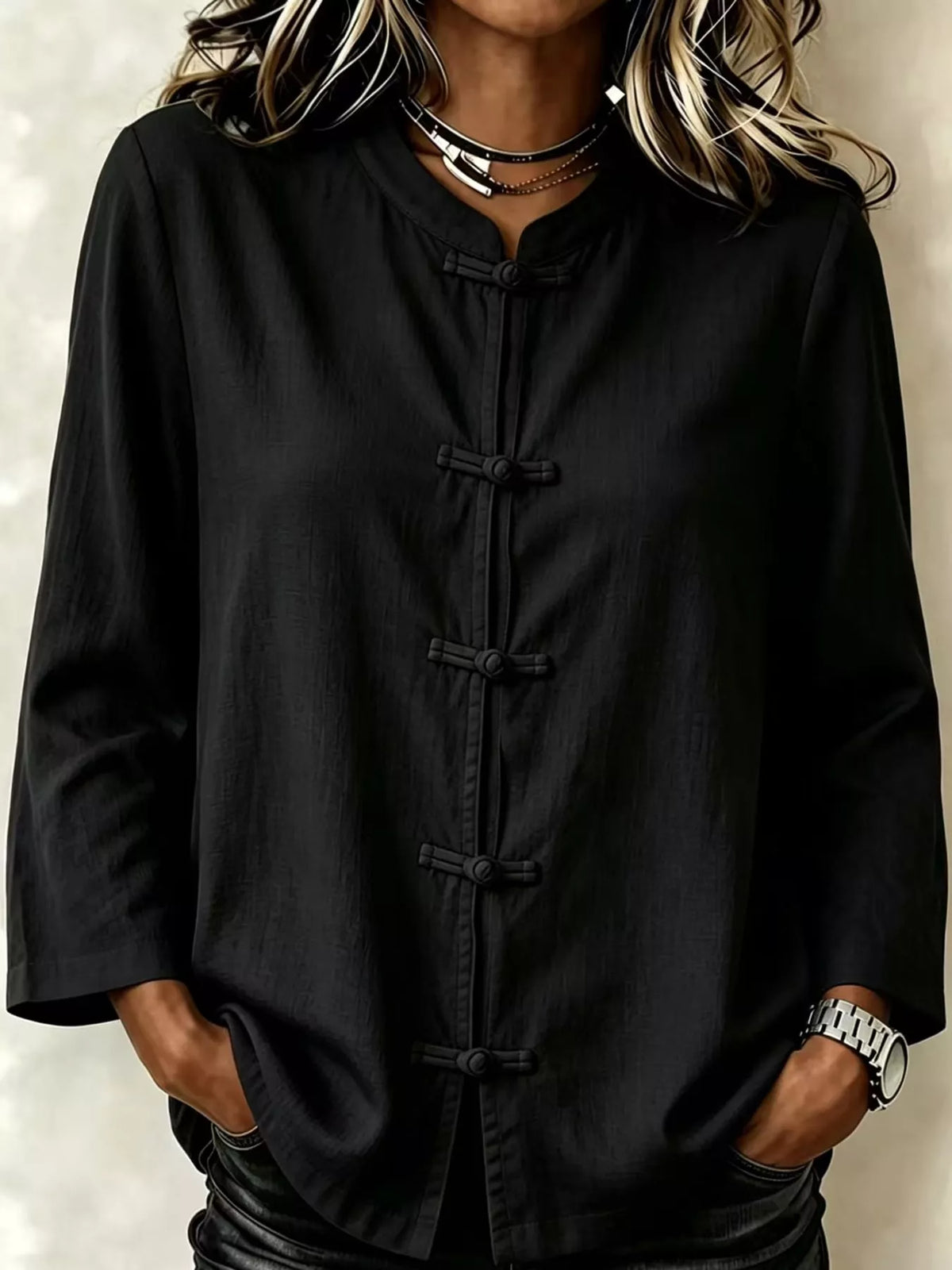 Chinese Style Mandarin Collar Blouse in black, front view