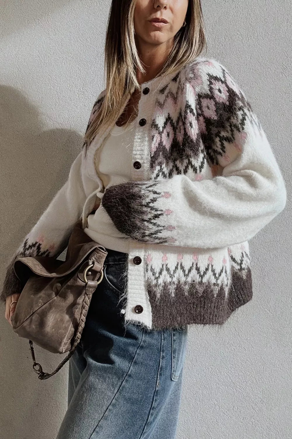 Trendsi Geometric Pattern Brushed Knit Button Cardigan -