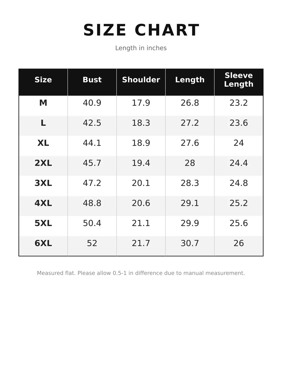 Multi-Pocket Tactical Bomber Jacket — size and measurement chart