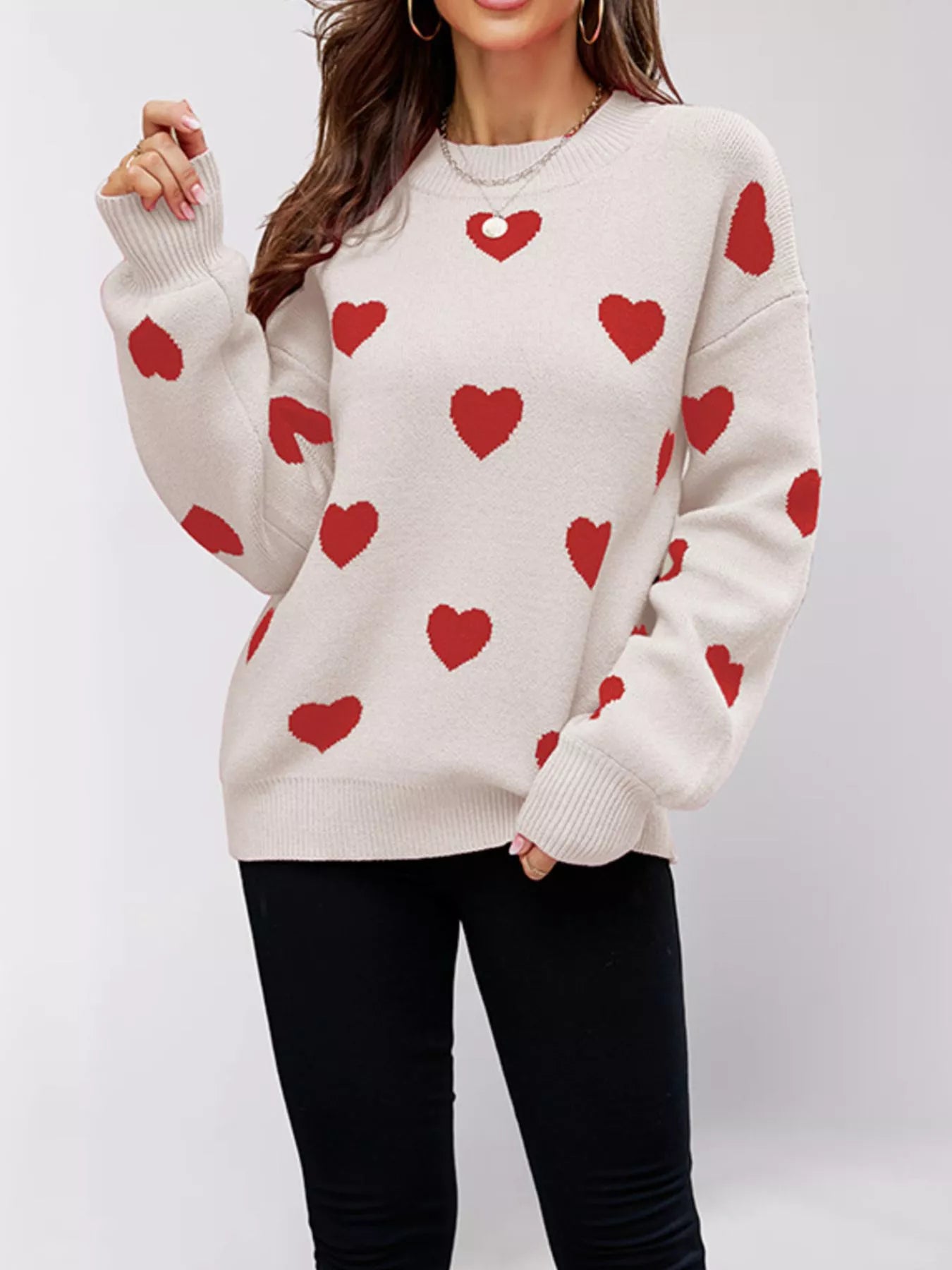 Trendsi Heart-Patterned Dropped Shoulder Sweater -