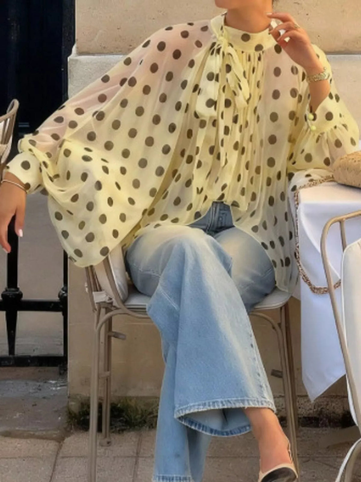 Light Yellow polka dot long sleeve blouse
