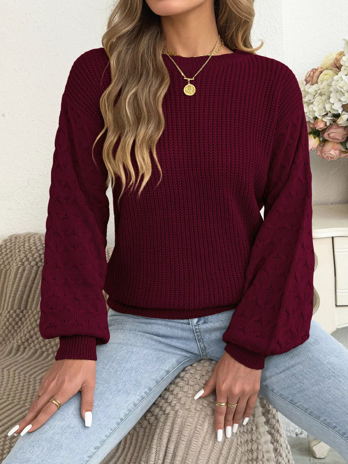 Burgundy textured dropped shoulder sweater