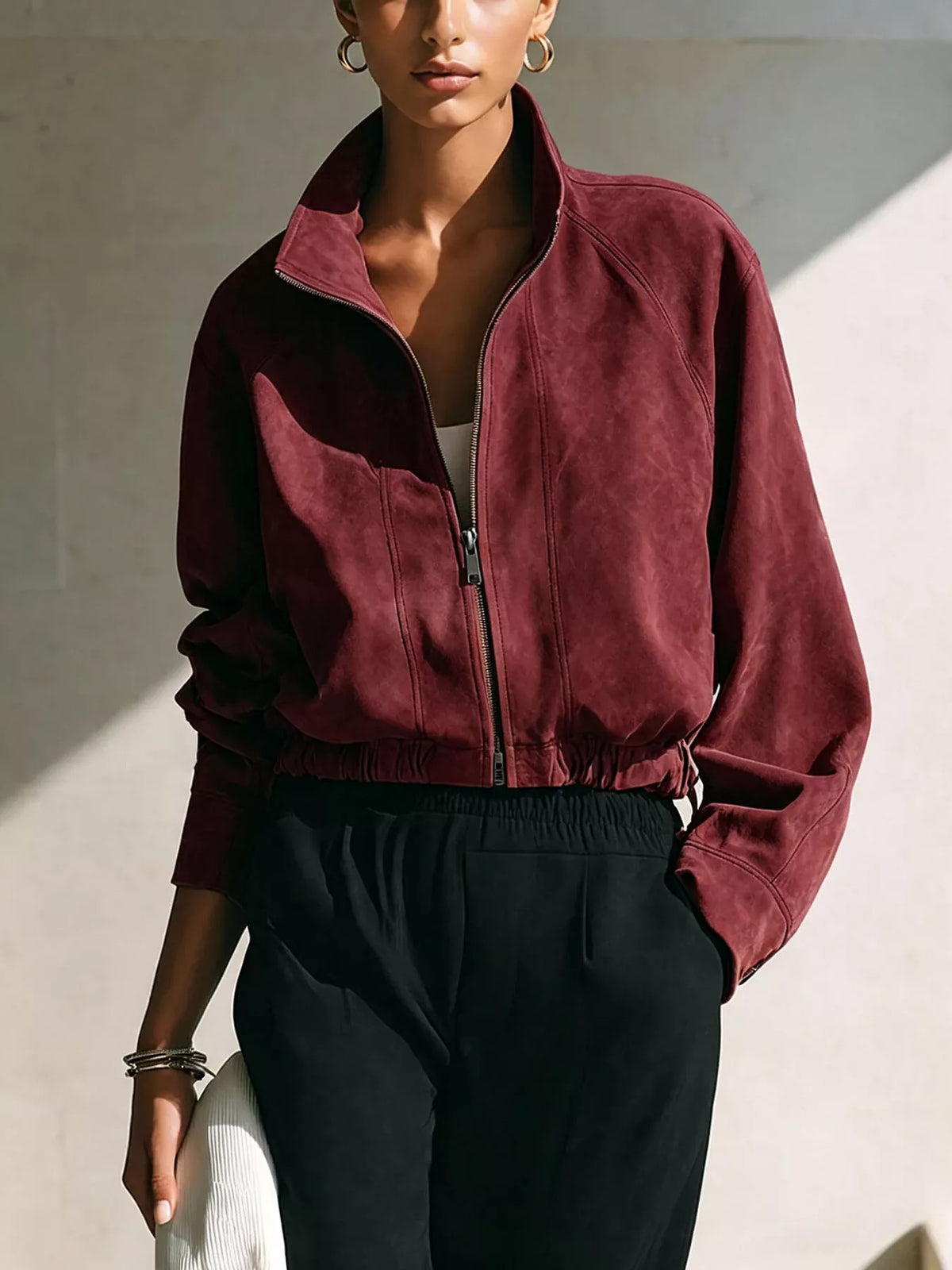 Faux Suede Zip-Up Stand Collar Cropped Jacket, front view